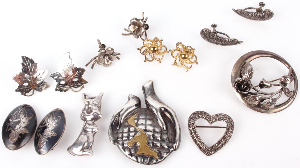 STERLING PINS BROOCHES AND EARRINGS - LOT OF 9 (1 of 7)