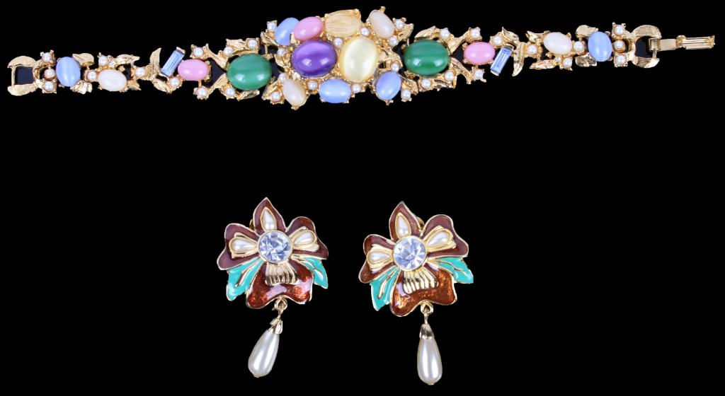 BOB MACKIE ENAMELED FLOWER EARRINGS & WATCH: 116172 BOB MACKIE ENAMELED FLOWER EARRINGS & WATCH Bob Mackie designer enameled clip on flower earrings and highly ornate gold toned glass jeweled Spats bracelet watch. Bob Mackie earring come with or