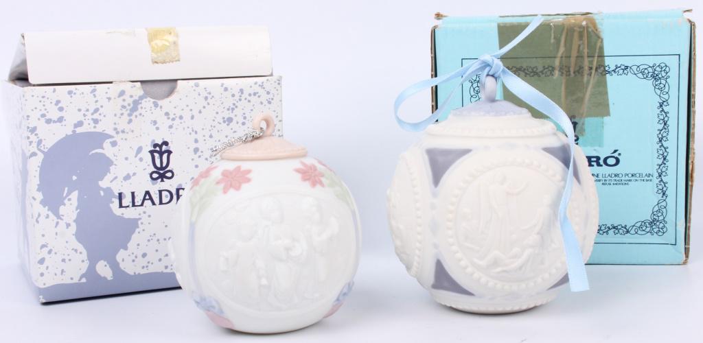 LLADRO CHRISTMAS PORCELAIN BALLS - 1996 & 1988: 116265 LLADRO CHRISTMAS PORCELAIN BALLS - 1996 & 1988 Lladro Christmas porcelain ball ornaments to include one 1988 porcelain limited edition Christmas ball with original box sculpture Jose Roig, and 