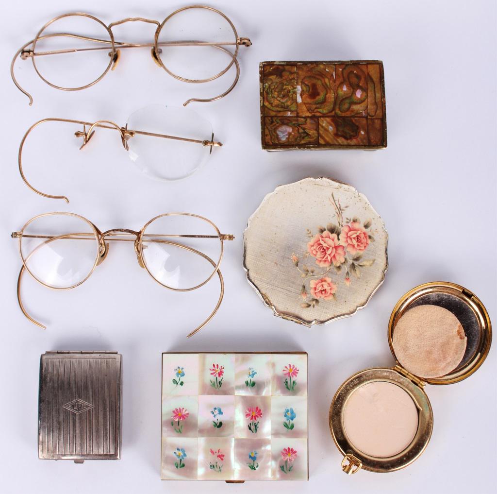 VINTAGE ESTATE ITEMS - COMPACTS, PILL BOX, GLASSES (1 of 2)
