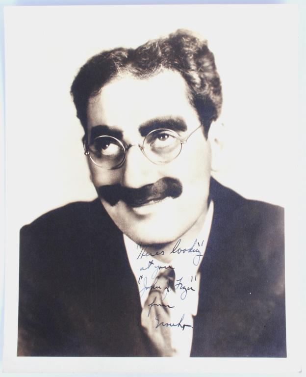 GROUCHO MARX AUTOGRAPHED & DEDICATED PRINT: 116375b GROUCHO MARX AUTOGRAPHED & DEDICATED PRINT Groucho Marx autographed print dedicated to NBC news anchor Johnny Frazier. Dedication reads "Here's Looking at you John J. Frazier" From Groucho". G