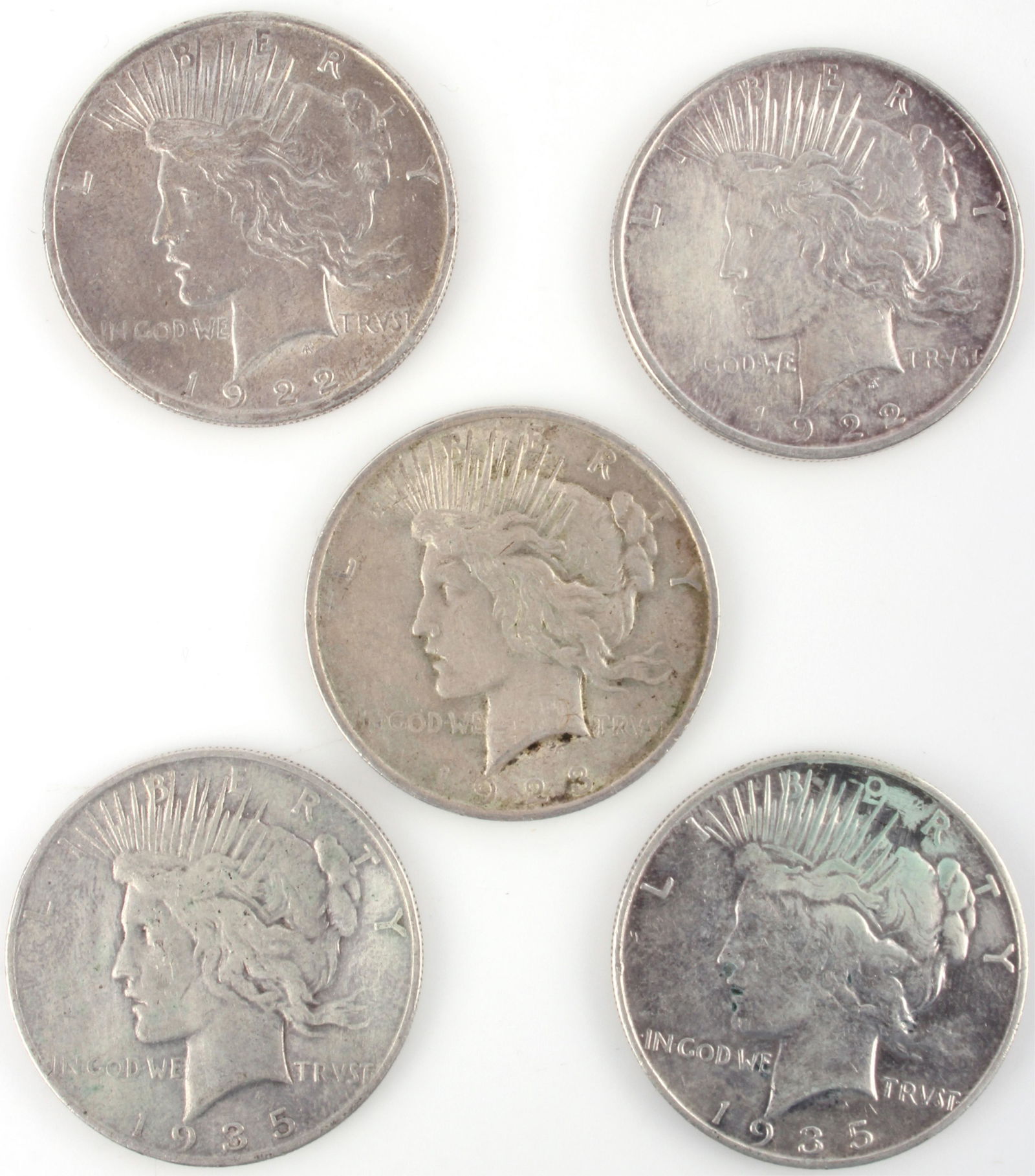 PEACE SILVER DOLLAR COINS $5 FACE - LOT OF 5 (1 of 2)