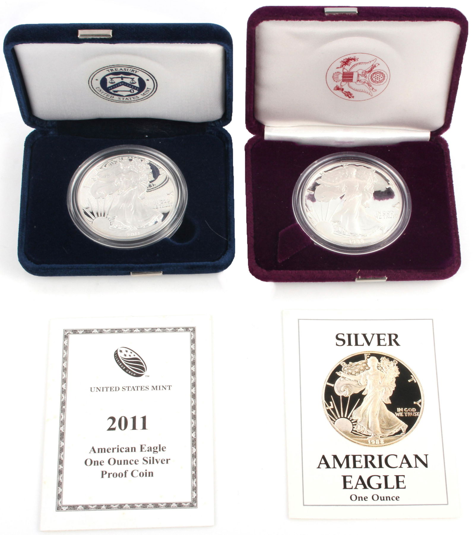 .999 SILVER 2011 & 1988 EAGLE 1OZ MINT COINS W COA (1 of 5)