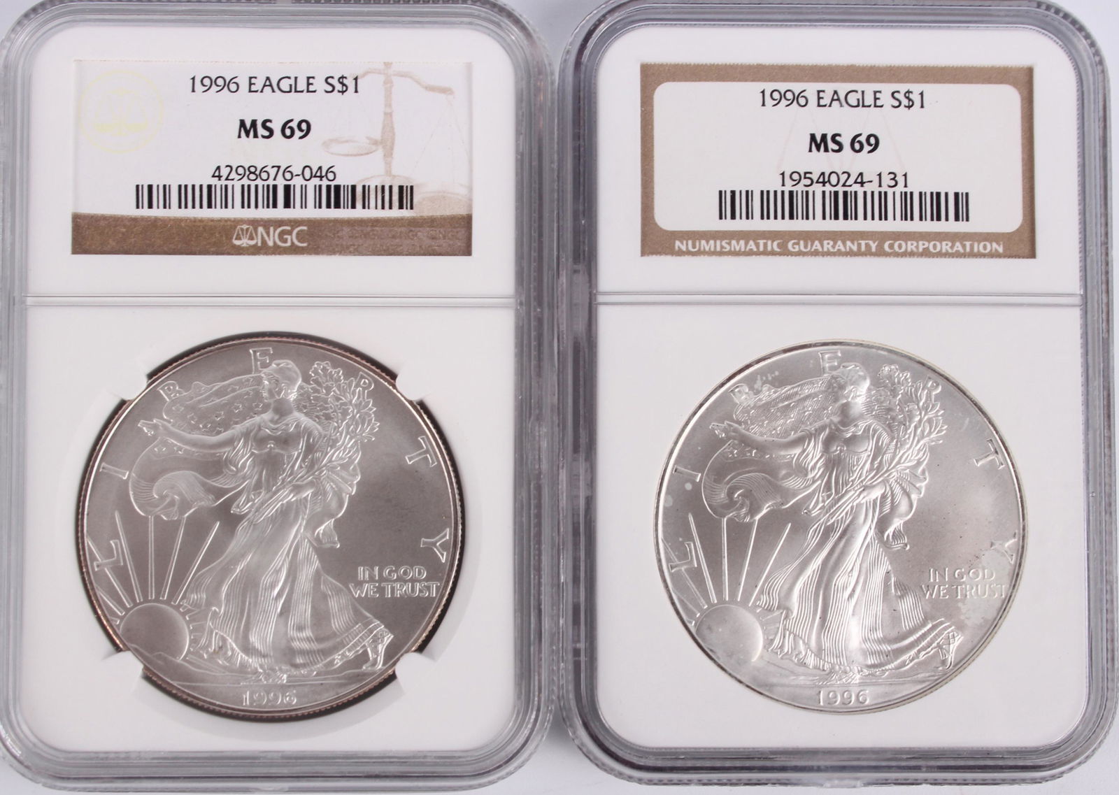 .999 SILVER 1996 SILVER EAGLE NGC MS69 COINS - (2) (1 of 2)