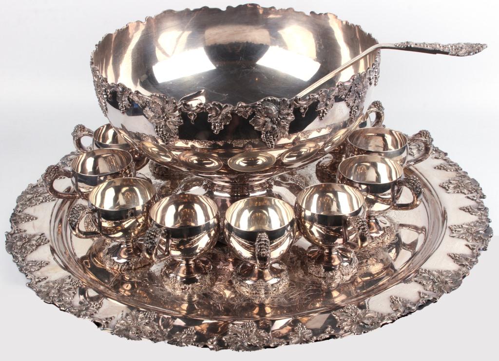 WESLER WILCOX SILVER PLATED PUNCH BOWL SET - (15) (1 of 9)