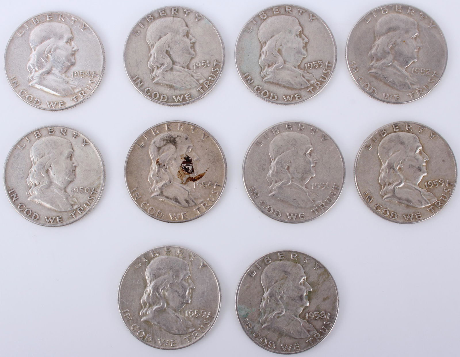 90% SILVER FRANKLIN HALF DOLLAR COINS - LOT OF 10 (1 of 2)