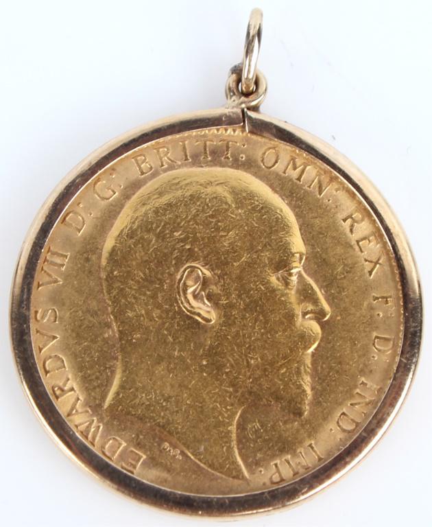 1908 EDWARD VII 22K GOLD SOVEREIGN W/ 18K RIM (1 of 2)
