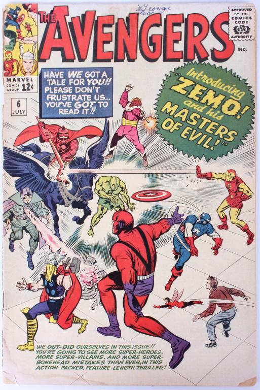 THE AVENGERS #6 1ST APP. OF ZEMO & MASTERS OF EVIL: THE AVENGERS #6 1ST APP. OF ZEMO & MASTERS OF EVIL The Avengers #6 featuring the 1st appearance of Zemo & Masters of Evil. Marvel Comics 1964. Condition: 2.5 with ink on top center ofcover, tear botto