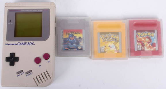 ORIGINAL NINTENDO GAMEBOY, GAMES, AND CASE - 7: ORIGINAL NINTENDO GAMEBOY, GAMES, AND CASE - 7 Original Nintendo Gameboy, games, and case - Lot of 7 to include 1 Original Nintendo Gameboy, 4 Gameboy games to include Pokemon Red, Pokemon Yellow Pika