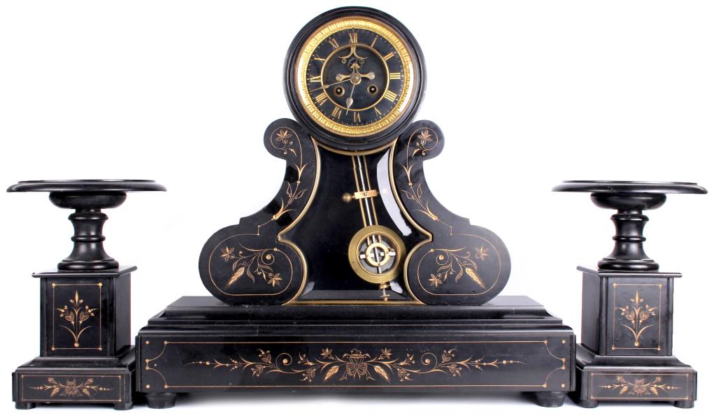 ANTIQUE FRENCH BLACK SLATE MANTEL CLOCK & SCONCES (1 of 10)