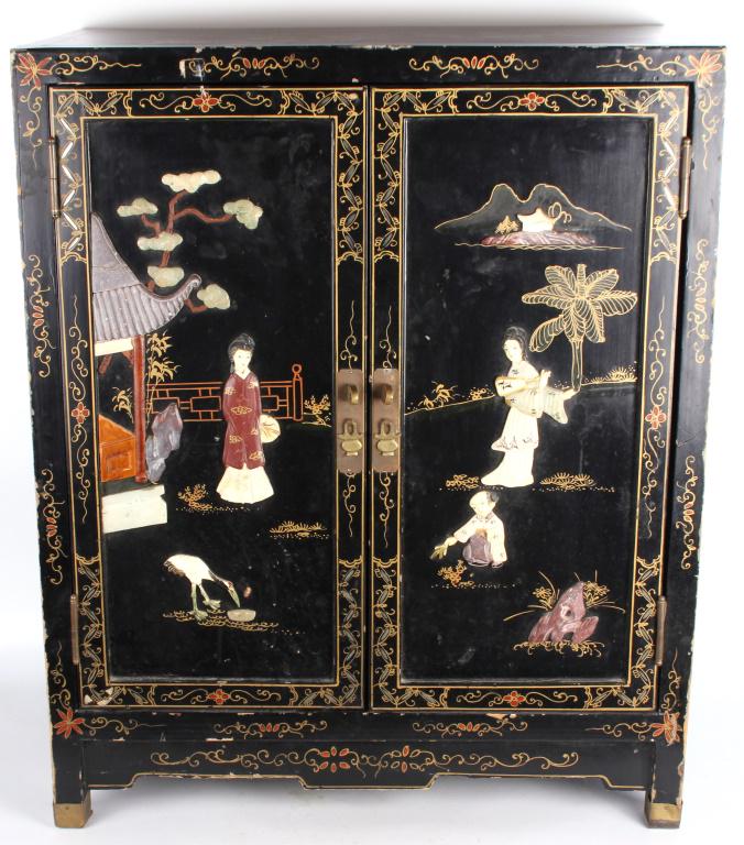 ASIAN BLACK LACQUER HAND PAINTED SOFTSTONE CABINET (1 of 8)