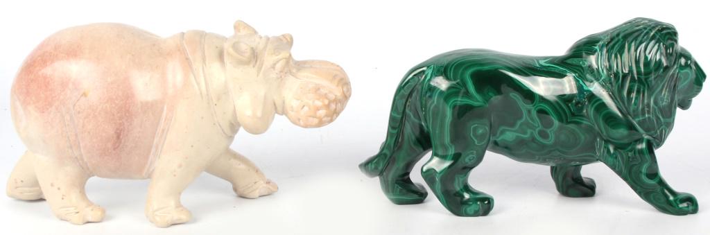 MALACHITE LION STATUE & JASPER HIPPO STATUE: MALACHITE LION STATUE & JASPER HIPPO STATUE Animal stone figurines to include a malachite lion statue and a jasper (likely) hippo statue. Size: both 6" in lengthCondition: Very fine