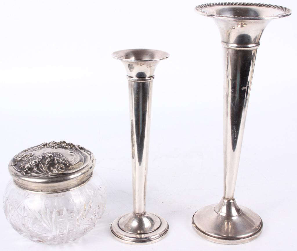 STERLING SILVER POWDER JAR & WEIGHTED BUD VASES (1 of 4)