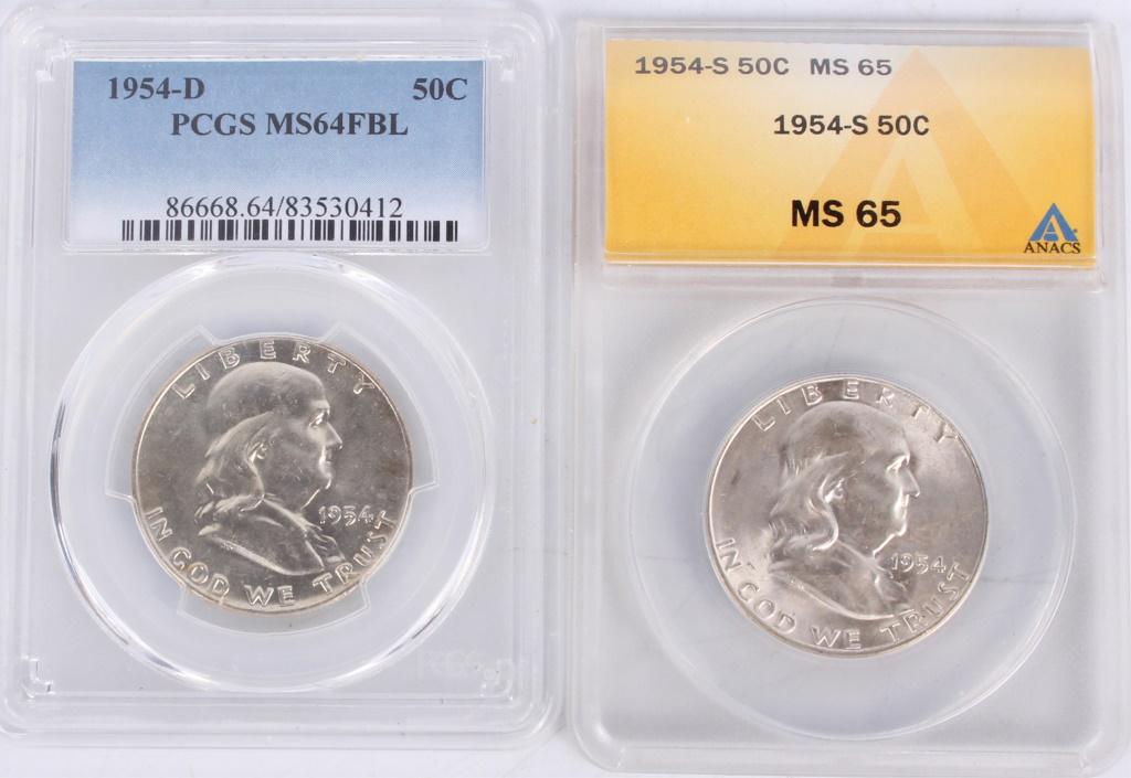 90% SILVER 1954 S & D MS64 & 65 FRANKLIN HALVES (1 of 2)