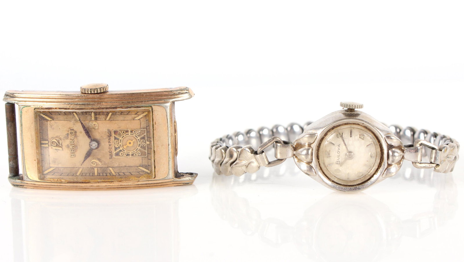 BULOVA 10K RGP VINTAGE WATCH & BENRUS 10K GF WATCH: 127126 BULOVA 10K RGP VINTAGE WATCH & BENRUS 10K GF WATCH Pair of vintage ladies watches to include a 10k white rolled gold plated ladies Bulova wristwatch with original box and a 10k gold filled vint