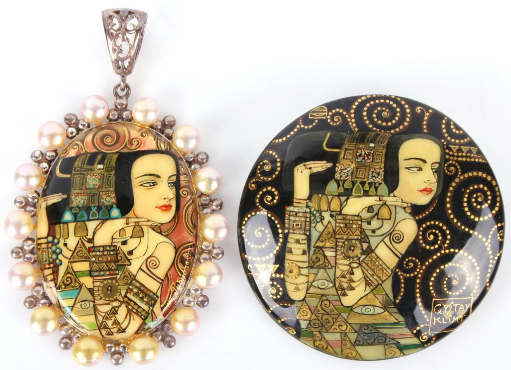 STERLING GUSTAV KLIMT RUSSIAN MOP LACQUER JEWELRY: 128046 STERLING GUSTAV KLIMT RUSSIAN MOP LACQUER JEWELRY Lot to include one Gustav Klimt "Egyptian Woman" hand-painted Russian lacquer pendant on mother of pearl with fourteen 5.2mm pearls, and one Gu