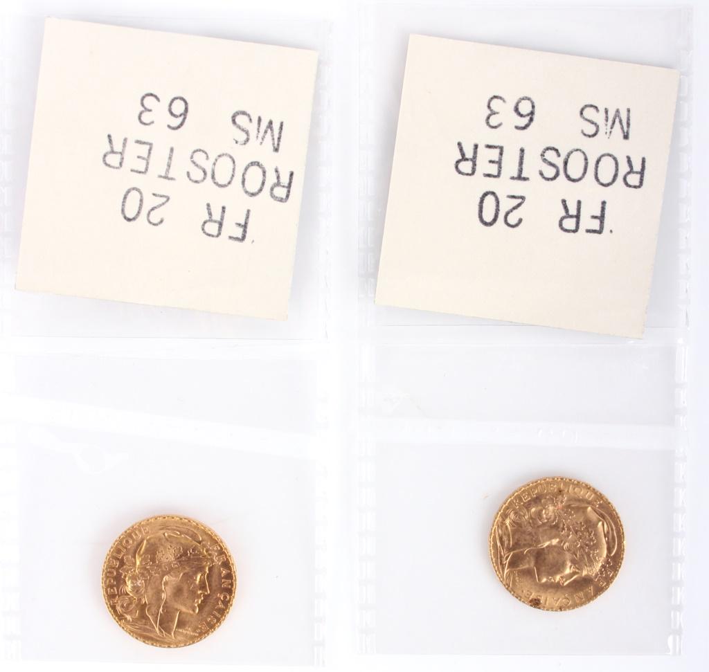 90% GOLD 1911 & 1907 20 FRANCS SEALED COINS - (2): 128072 90% GOLD 1911 & 1907 20 FRANCS SEALED COINS - (2) 0.900 gold 1911 & 1907 France 20 Francs sealed rooster coins. Both coins graded MS69 and sealed by Blanchard. Weight: 12.9 GramsCondition: MS69