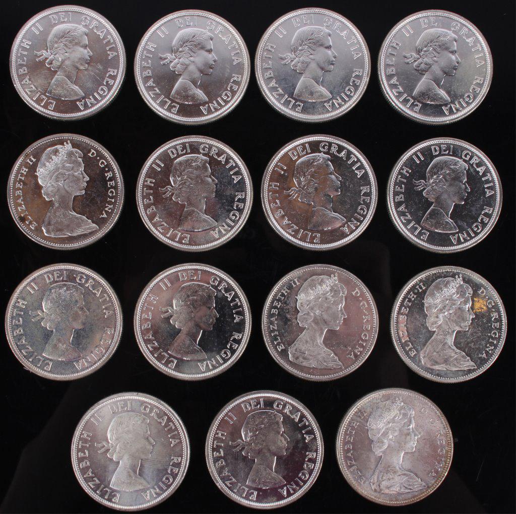 .800 SILVER CANADA 1965 SILVER DOLLAR COINS - (15) (1 of 4)