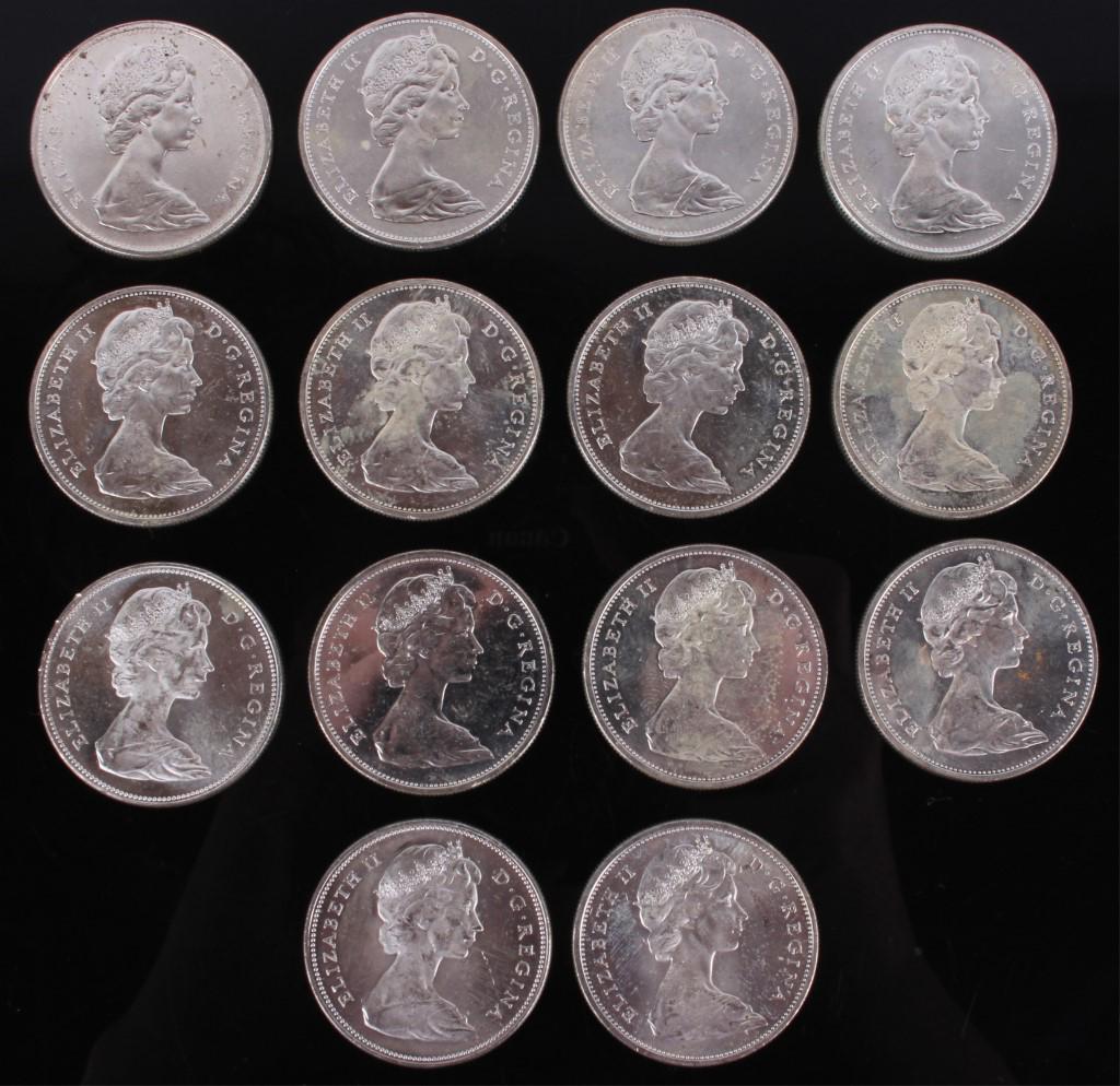 .800 SILVER CANADA 1965 SILVER DOLLAR COINS - (14) (1 of 4)
