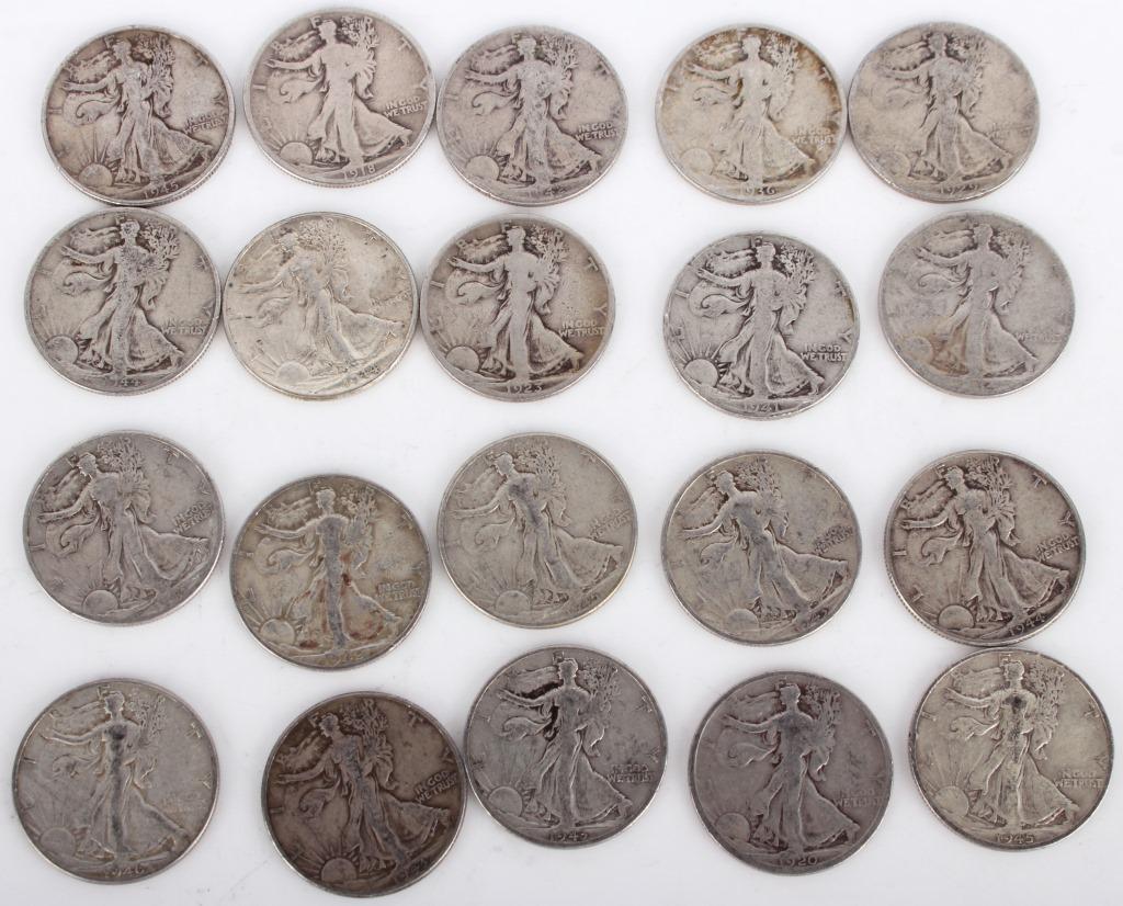 WALKING LIBERTY HALF DOLLARS 1918-1946 - LOT OF 20: 128096 WALKING LIBERTY HALF DOLLARS 1918-1946 - LOT OF 20 Walking Liberty half dollars to include one 1918, one 1920, one 1923, one 1929, one 1934, one 1936, one 1941, two 1942, four 1943, three 1944,