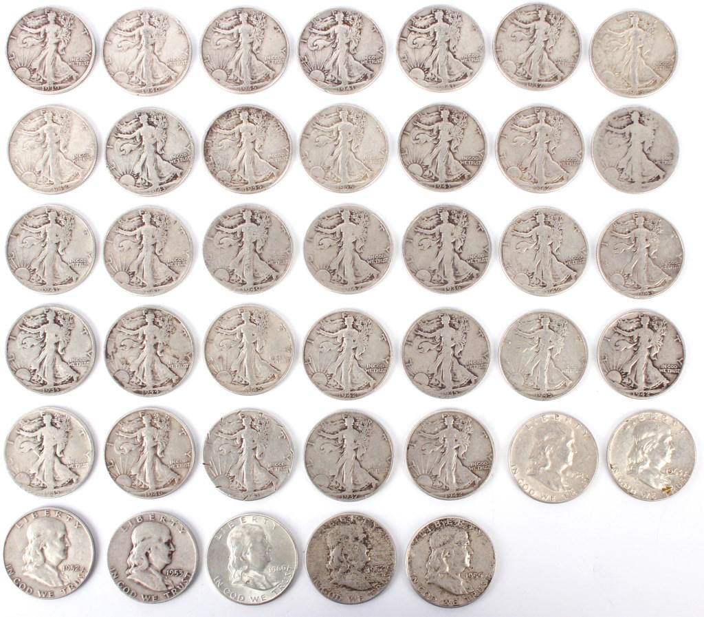 WALKING LIBERTY HALF DOLLARS 90% SILVER -LOT OF 40 (1 of 10)