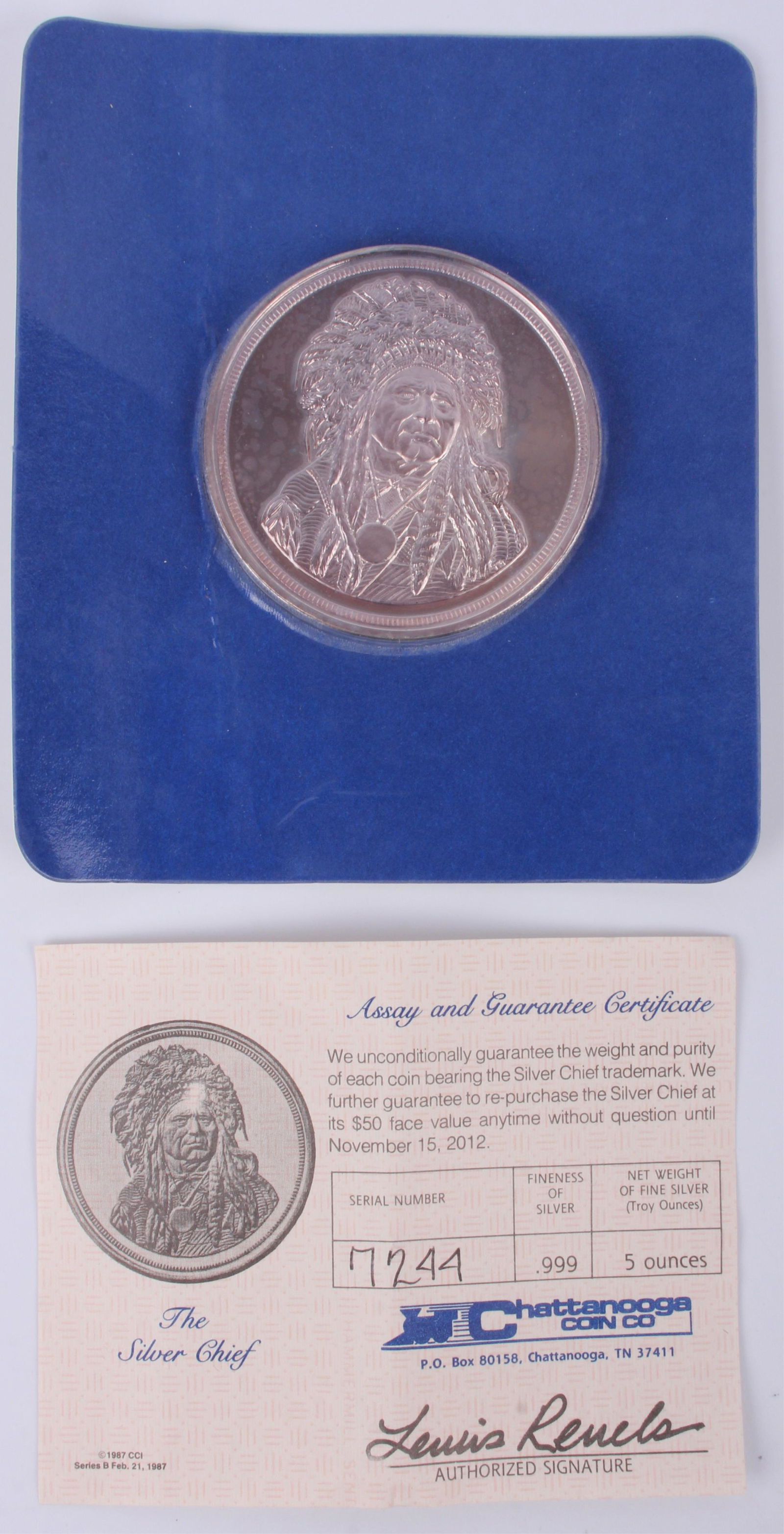 5 OZ. .999 FINE SILVER CHIEF BULLION COIN W/ COA (1 of 3)