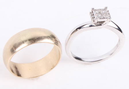 10K WHITE & YELLOW GOLD DIAMOND WEDDING RINGS: 130002 10K WHITE & YELLOW GOLD DIAMOND WEDDING RINGS 10k white and yellow gold wedding rings to include one 10k yellow gold men's wedding ring, and one 10k white gold ladies wedding ring with