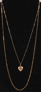 14K YELLOW GOLD NECKLACES & PENDANT - LOT OF 3: 130016 14K YELLOW GOLD NECKLACES & PENDANT - LOT OF 3 14k yellow gold jewelry to include one chain necklace and one chain necklace and heart pendant. Weight: 7.1 GramsSize: 23" Largest Condition: