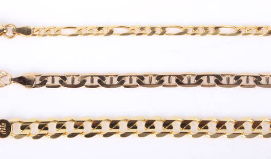 14K YELLOW GOLD MEN'S CHAIN BRACELETS - LOT OF 3: 130020 14K YELLOW GOLD MEN'S CHAIN BRACELETS - LOT OF 3 14k yellow gold men's chain-link bracelets to include one Figaro link, one curb link, and one Gucci link chains. Weight: 22.9 GramsSize: 8"