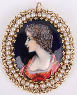 14K YELLOW GOLD PEARL ENAMEL FRENCH BROOCH: 130022 14K YELLOW GOLD PEARL ENAMEL FRENCH BROOCH 14k yellow gold pearl ladies enamel cameo French hand-painted portrait brooch with forty-two 2.4mm pearls. Stone Type: PearlWeight: 12.0 Grams