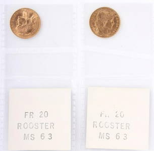 0.90 GOLD 1907 & 1910 20 FRANCS SEALED COINS - (2)