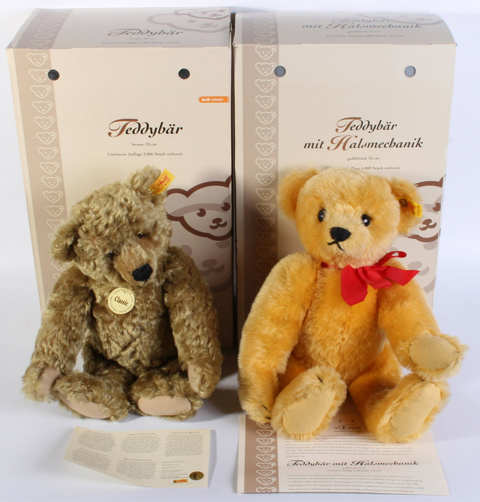 2005 & 2006 STEIFF MOHAIR BEARS W/ BOX & PAPERS: 131197 2005 & 2006 STEIFF MOHAIR BEARS W/ BOX & PAPERS Lot to include one Vintage 1909 Margarete Steiff Blonde Teddy Bear Replica 0165/38 14" #038242 and one Steiff Brown Soft Stuffed Classic Teddy, J