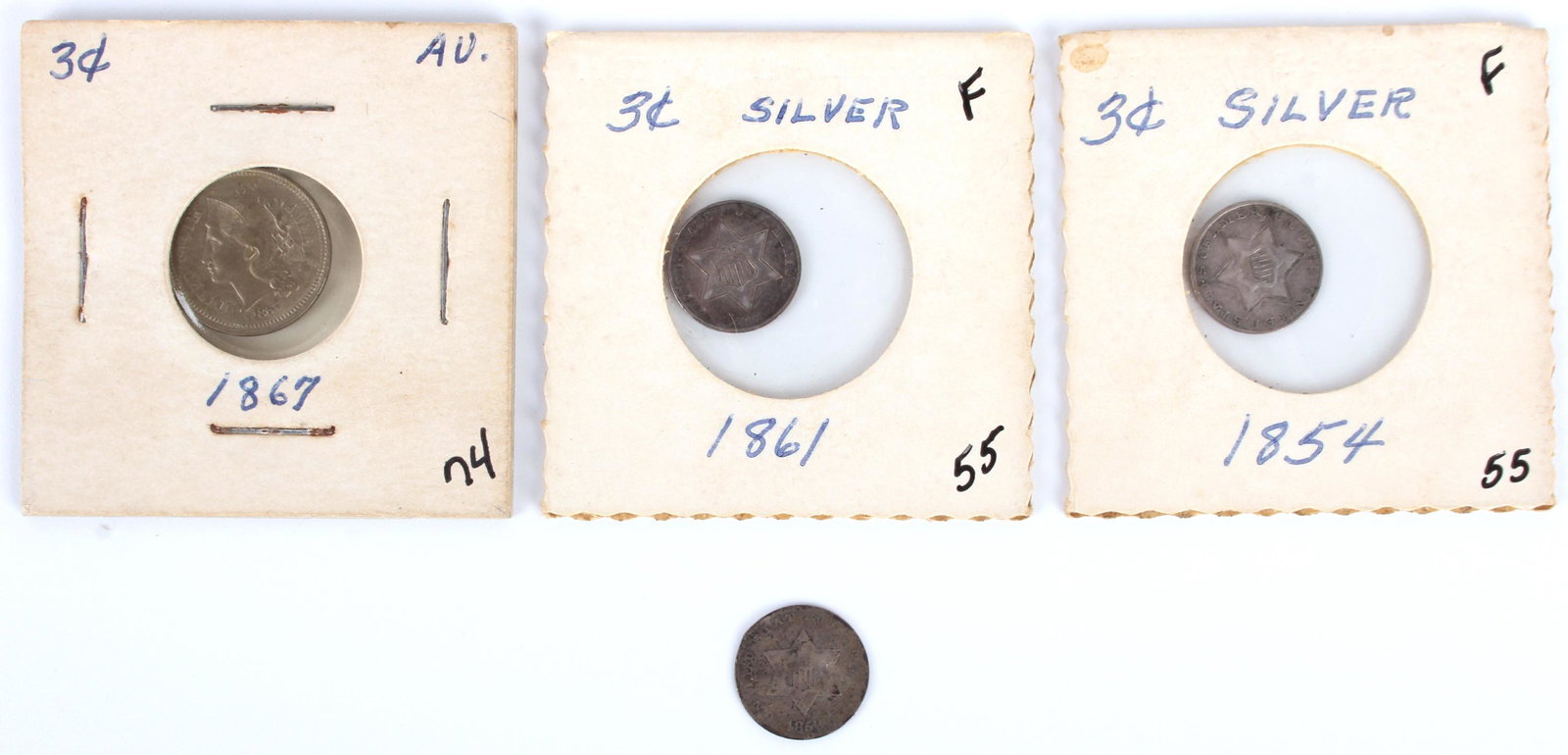 3 CENT SILVER LOT OF FOUR COINS 1853 - 1867 F-AU (1 of 2)