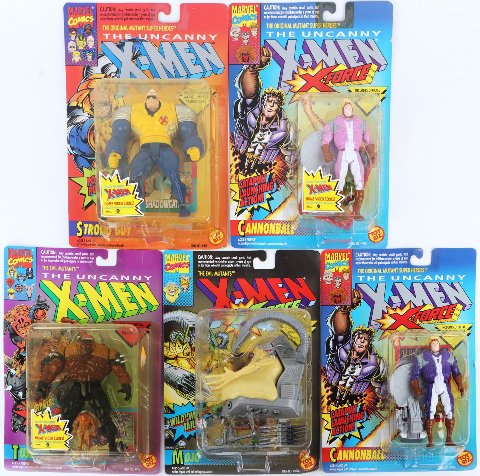 TOY BIZ 1993 UNCANNY X-MEN ACTION FIGURES (5): 134148 TOY BIZ 1993 UNCANNY X-MEN ACTION FIGURES (5) Uncanny X-men action figures by Toy Biz in original packaged condition featuring Tusk, Mojo, Strong Guy, Cannonball (pink suit with Polaris card),