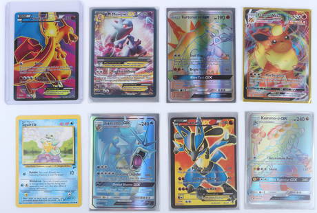 POKEMON HOLOGRAPHIC VINTAGE FULL ART CARDS: 135130 POKEMON HOLOGRAPHIC VINTAGE FULL ART CARDS Lot of Pokemon cards to include 2014 Full Art Holo Lucario EX 107/11, 2017 Kommo-o GX Holo Rainbow 159/145, 2017 Holo Gyrados GX 101/111, 2021 Flareon