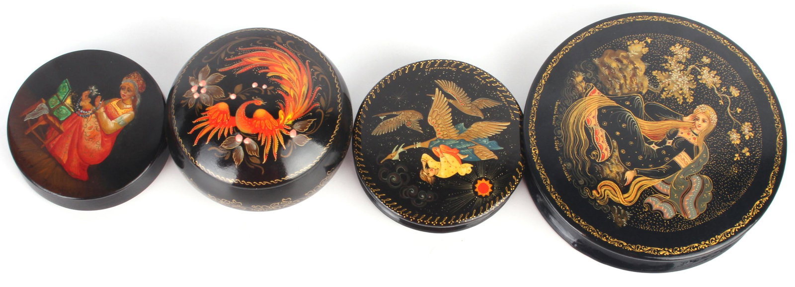 RUSSIAN LACQUER HAND-PAINTED BOXES GROUP OF 4 (1 of 6)