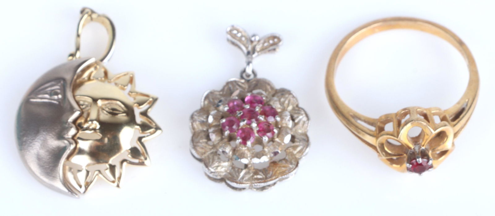 14K YELLOW & WHITE GOLD RUBY PENDANTS & RING - (3) (1 of 4)