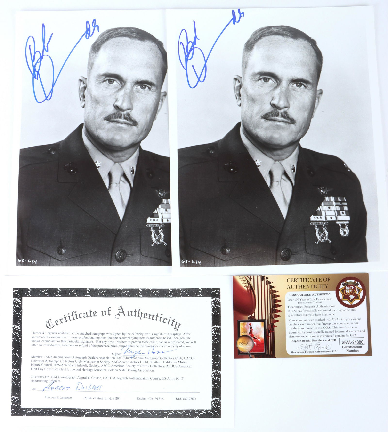 ROBERT DUVALL AUTHENTICATED AUTOGRAPHED PHOTO: 138084 ROBERT DUVALL AUTHENTICATED AUTOGRAPHED PHOTO Robert Duvall authenticated autographed photo. Authenticated by GFA , comes with complete examination report and certificate of authenticity.Size: