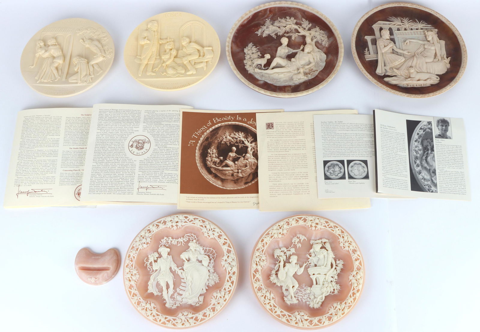 COLLECTIBLE INCOLAY STUDIOS HANDMADE CAMEO PLATES: 138168 COLLECTIBLE INCOLAY STUDIOS HANDMADE CAMEO PLATES Collectible alabaster and Incolay handmade cameo plates to include one Incolay stone Shakespearean Lovers Romeo and Juliet cameo plate with ori