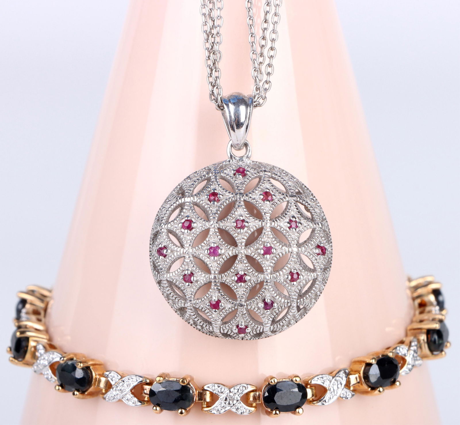 STERLING SILVER BRACELET & RUBY PENDANT & NECKLACE (1 of 3)