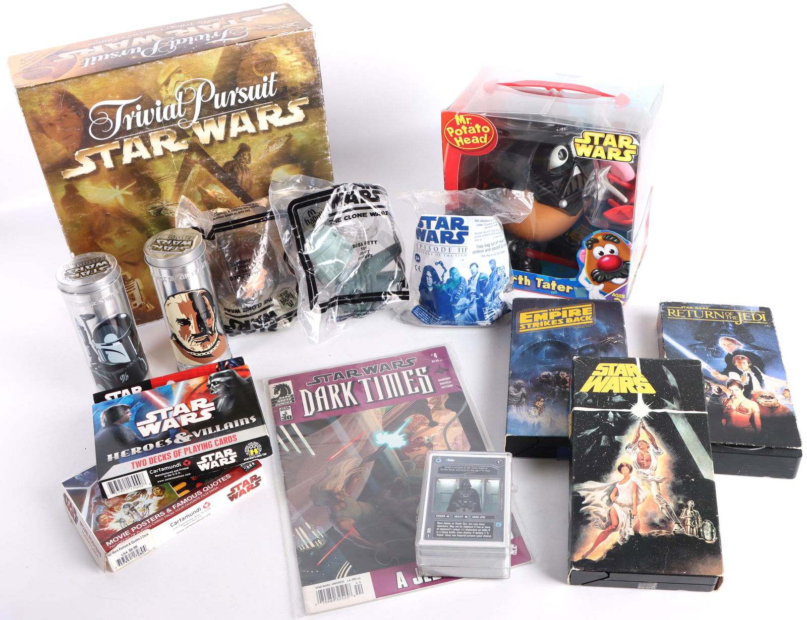 STAR WARS MEMOROBILIA COLLECTIBLES LOT: 147236 STAR WARS MEMOROBILIA COLLECTIBLES LOT Star Wars Memorobilia and Collectibles lot. Lot of 14. Lot Includes: Star Wars Empire Strikes Back & Attack of the Clones. Star Wars Happy Mealand Burger