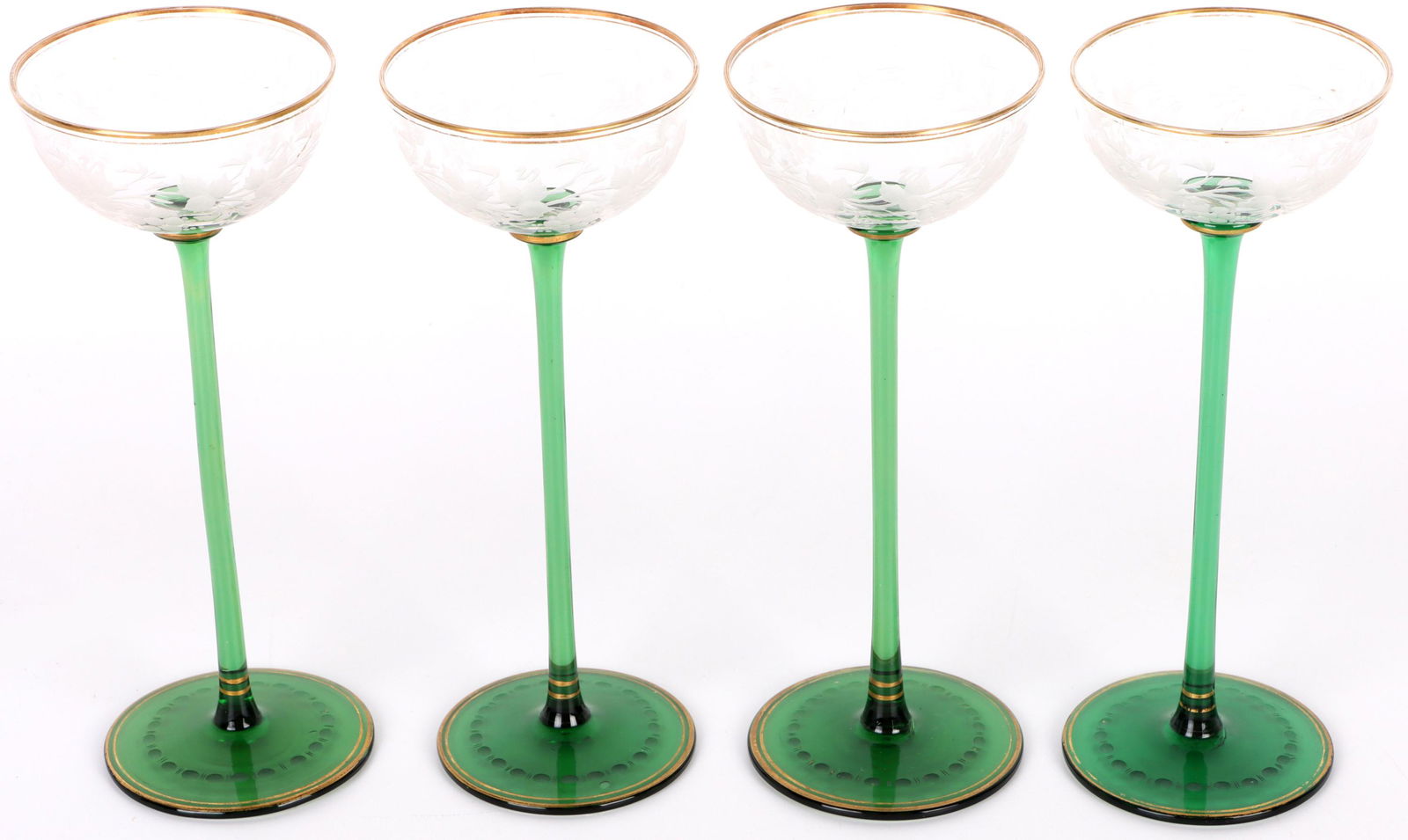 ANTIQUE SET OF GREEN ETCHED CORDIAL GLASSES (1 of 3)
