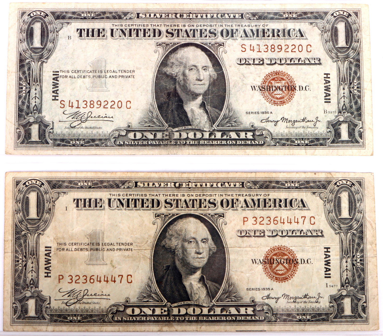 1935 A HAWAII SILVER CERTIFICATE $1 NOTES - (2) (1 of 2)