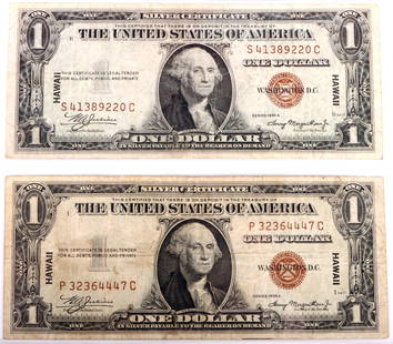 1935 A HAWAII SILVER CERTIFICATE $1 NOTES - (2): 149145 1935 A HAWAII SILVER CERTIFICATE $1 NOTES - (2) 1935-A Hawaii Silver Certificate $1 notes. Condition: See images.