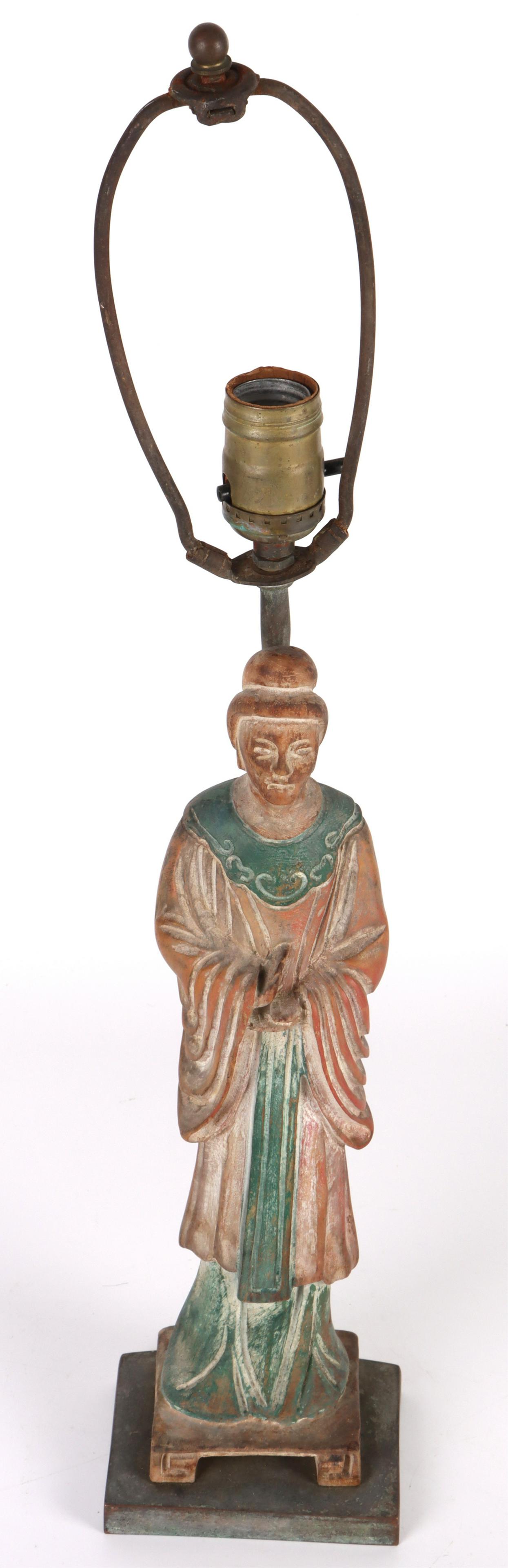 ANTIQUE ASIAN BUDDHIST PRAYING FIGURE TABLE LAMP: 149158 ANTIQUE ASIAN BUDDHIST PRAYING FIGURE TABLE LAMP Antique Asian Buddhist praying figure porcelain table lamp. Piece has been hand-sculpted and painted. Size: 22.5" TallCondition: Needs chord rep