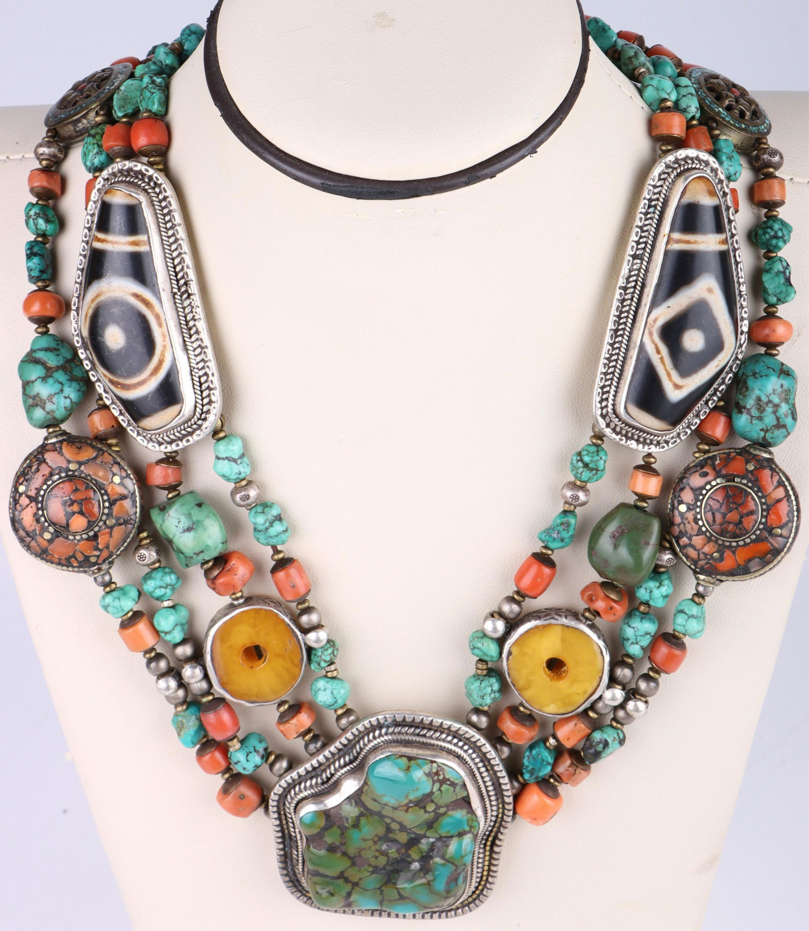 STERLING & BRASS TIBETAN TURQUOISE CORAL NECKLACE (1 of 4)