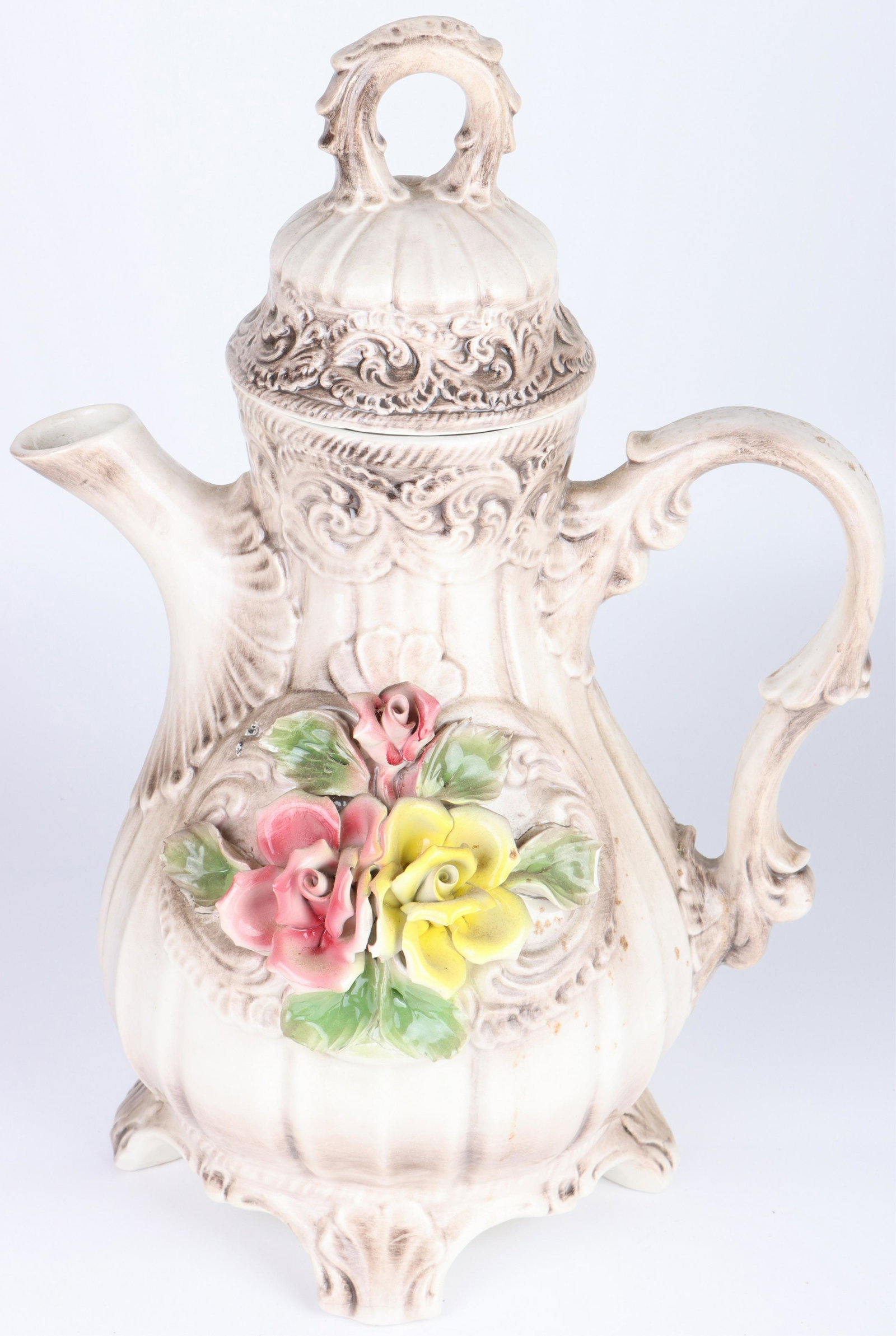 ITALIAN CAPODIMONTE FLORAL PORCELAIN PITCHER: 150192 ITALIAN CAPODIMONTE FLORAL PORCELAIN PITCHER Italian Capodimonte floral porcelain pitcher. Size: 12" Tall Condition: Very fine.
