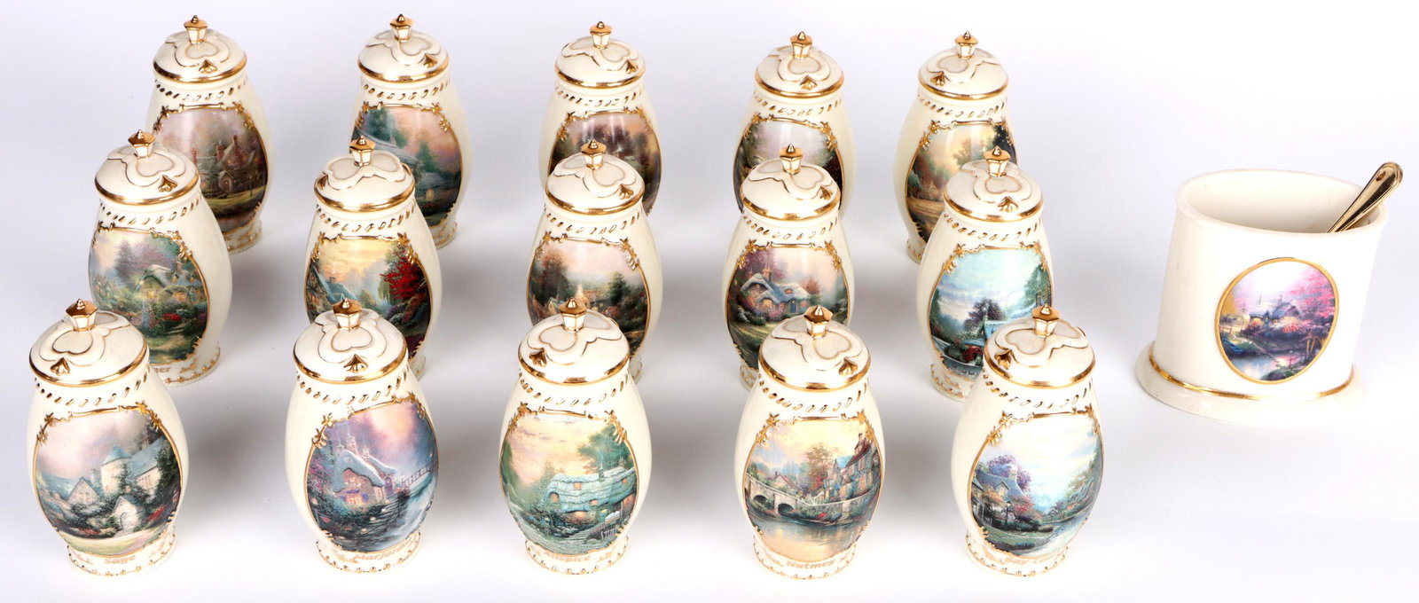 THOMAS KINKADE SPICE JARS OF LIFE COTTAGE JARS -16: 150202a THOMAS KINKADE SPICE JARS OF LIFE COTTAGE JARS -16 Thomas Kinkade "Spice Jars of Life" Cottage Spice Jars. Lot of 16. 15 spice jars and 1 sugar jar. (Sugar jar is missing lid). Size: 4.25" Hei