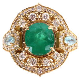 18K GOLD 11.7 X 13.0MM EMERALD DIAMOND AQUA RING