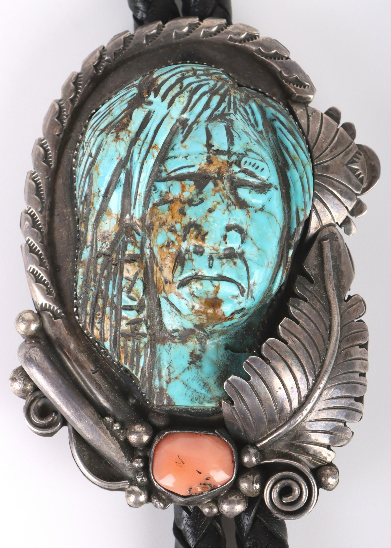 F. GOMEZ SIGNED STERLING NAVAJO CARVED BOLO TIE (1 of 5)